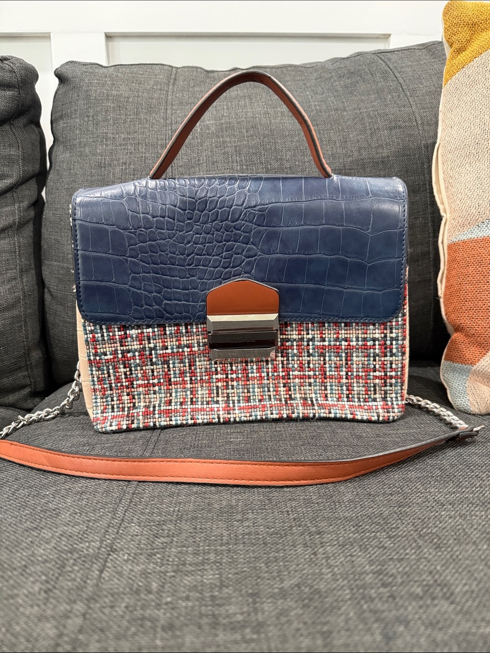 Blue Tweed Top-Handle Shoulder Bag with Brown Accent